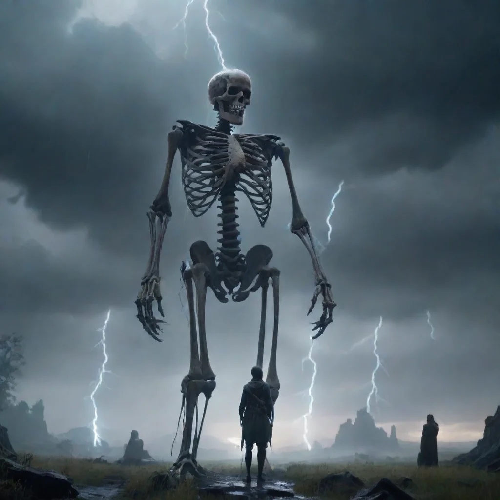 aihd best aesthetic giant skeleton fantasy landscape rain lightning cinematic wanderer looking at giant skeleton standing up