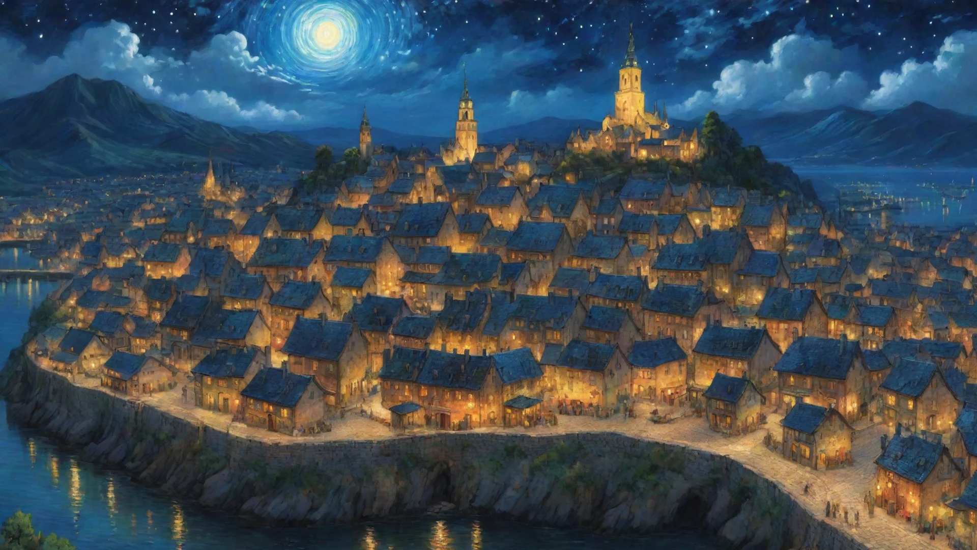 heavenly epic town lit up at night sky epic lovely artistic ghibli van gogh happyness bliss peace  detailed asthetic hd wow wide