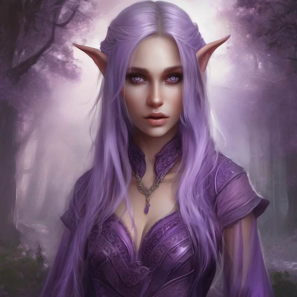 aihig elf portrait fantasy female purple dress and purple eyes.