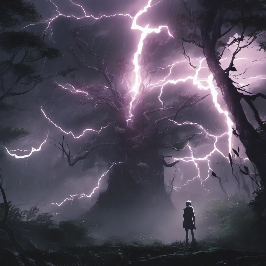 high dark image of anime forest with strong lightning and anime character with it confident engaging wow artstation art 3