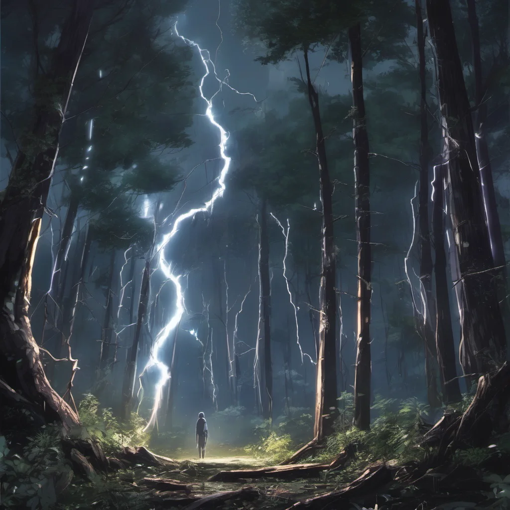 high dark image of anime forest with strong lightning and anime character with it good looking trending fantastic 1