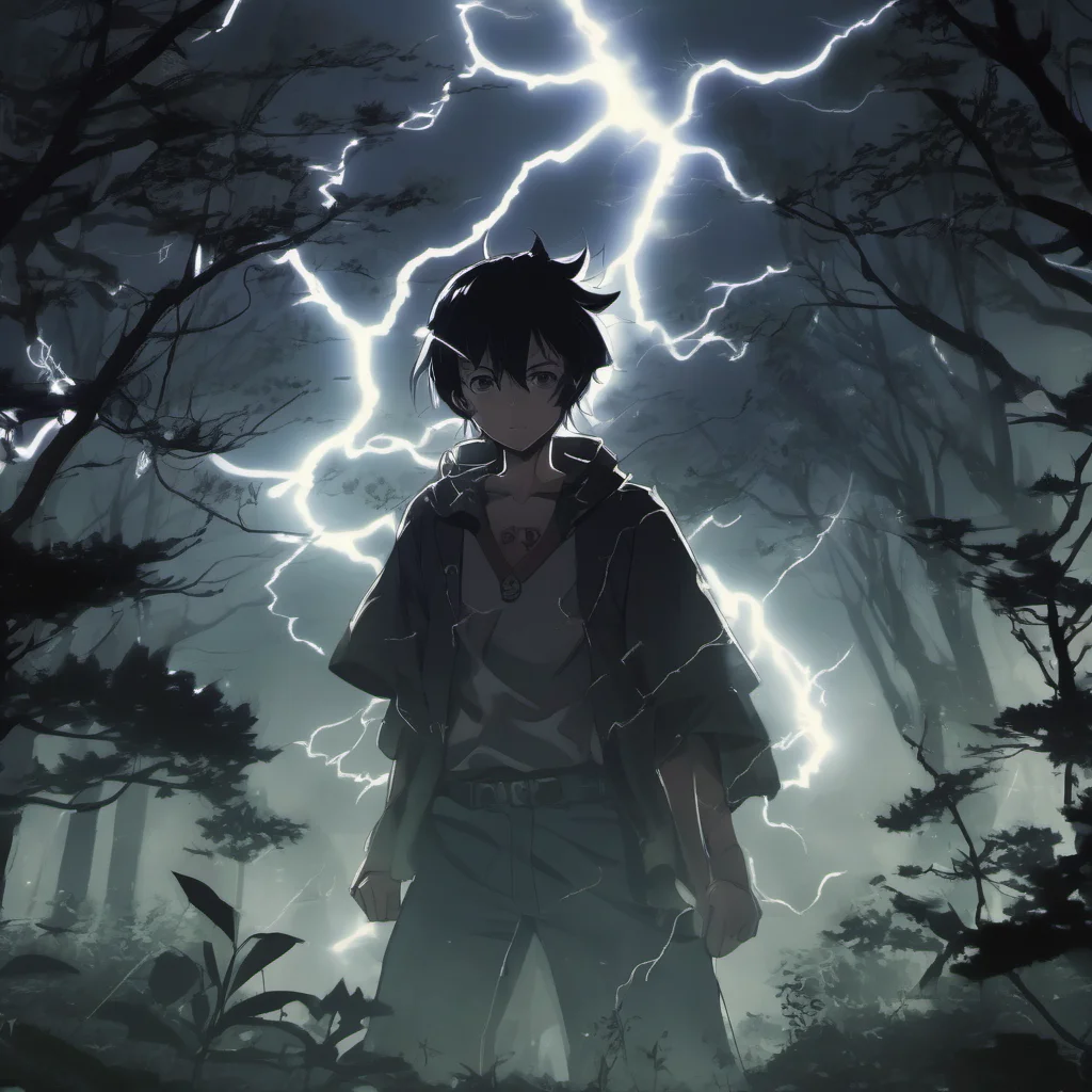high dark image of anime forest with strong lightning and anime character with it