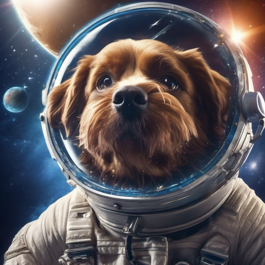 high detailed image of a dog in an astronaut suit hovering in space with planets stars include  lens flares moons and ultra realistic poster style image amazing awesome portrait 2