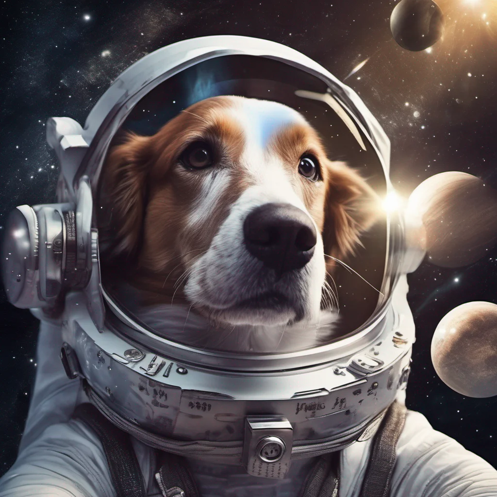 high detailed image of a dog in an astronaut suit hovering in space with planets stars include  lens flares moons and ultra realistic poster style image include a funny quote amazing awesome portrai