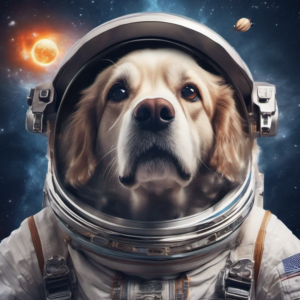 high detailed image of a dog in an astronaut suit hovering in space with planets stars include  lens flares moons and ultra realistic poster style image include a funny quote confident engaging wow 