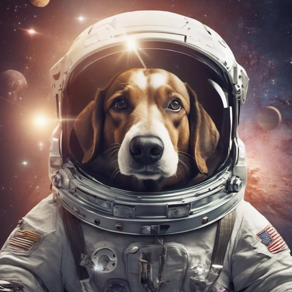 high detailed image of a dog in an astronaut suit hovering in space with planets stars include  lens flares moons and ultra realistic poster style image include a funny quote good looking trending f