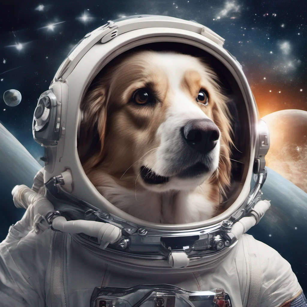 high detailed image of a dog in an astronaut suit hovering in space with planets stars include  lens flares moons and ultra realistic poster style image include a funny quote
