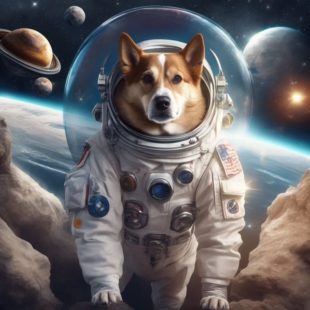 high detailed image of a dog in an astronaut suit hovering in space with planets stars include  lens flares moons and ultra realistic poster style image