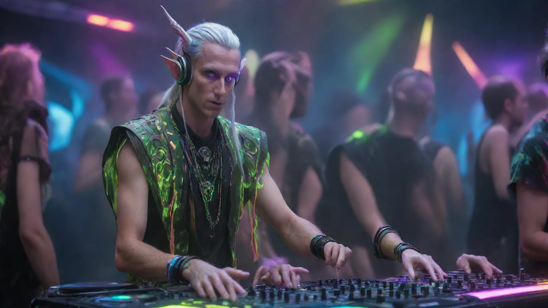 aihigh elf dj at a rave with lots of fluorescent elements wide