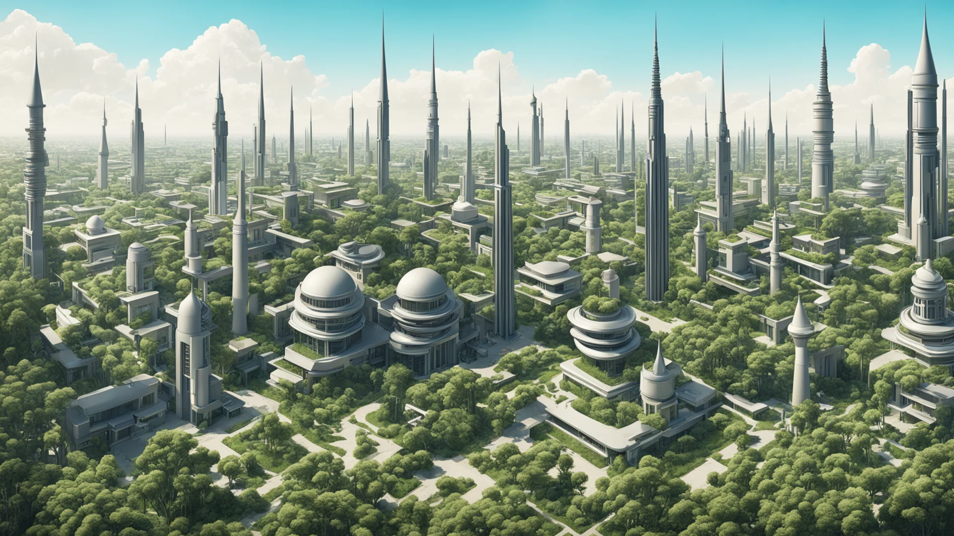 highly detailed futuristic suburban area with a minaret in between and vegetation in forms of buildings   amazing awesome portrait 2 wide