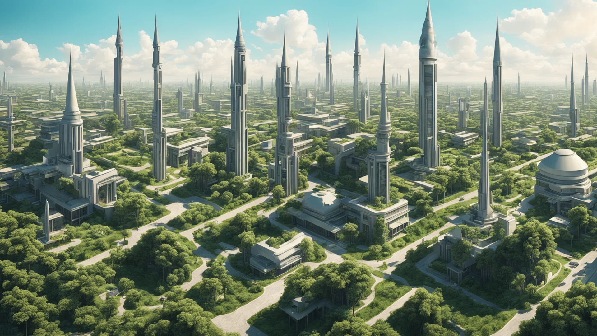highly detailed futuristic suburban area with a minaret in between and vegetation in forms of buildings   good looking trending fantastic 1 wide