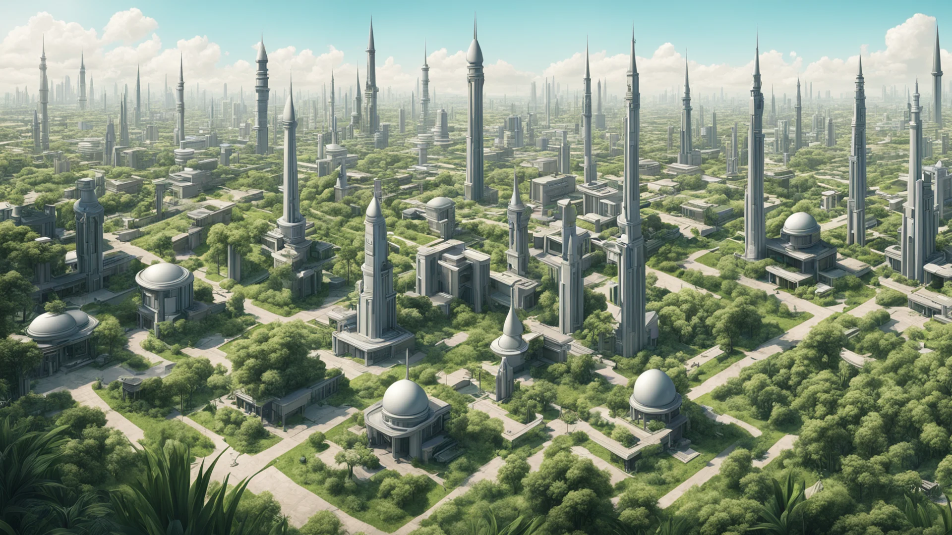 highly detailed futuristic suburban area with a minaret in between and vegetation in forms of buildings   wide
