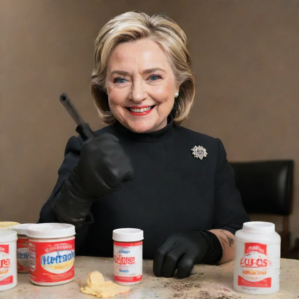 hillary clinton smiling with black gloves and gun  and mayonnaise splattered everywhere