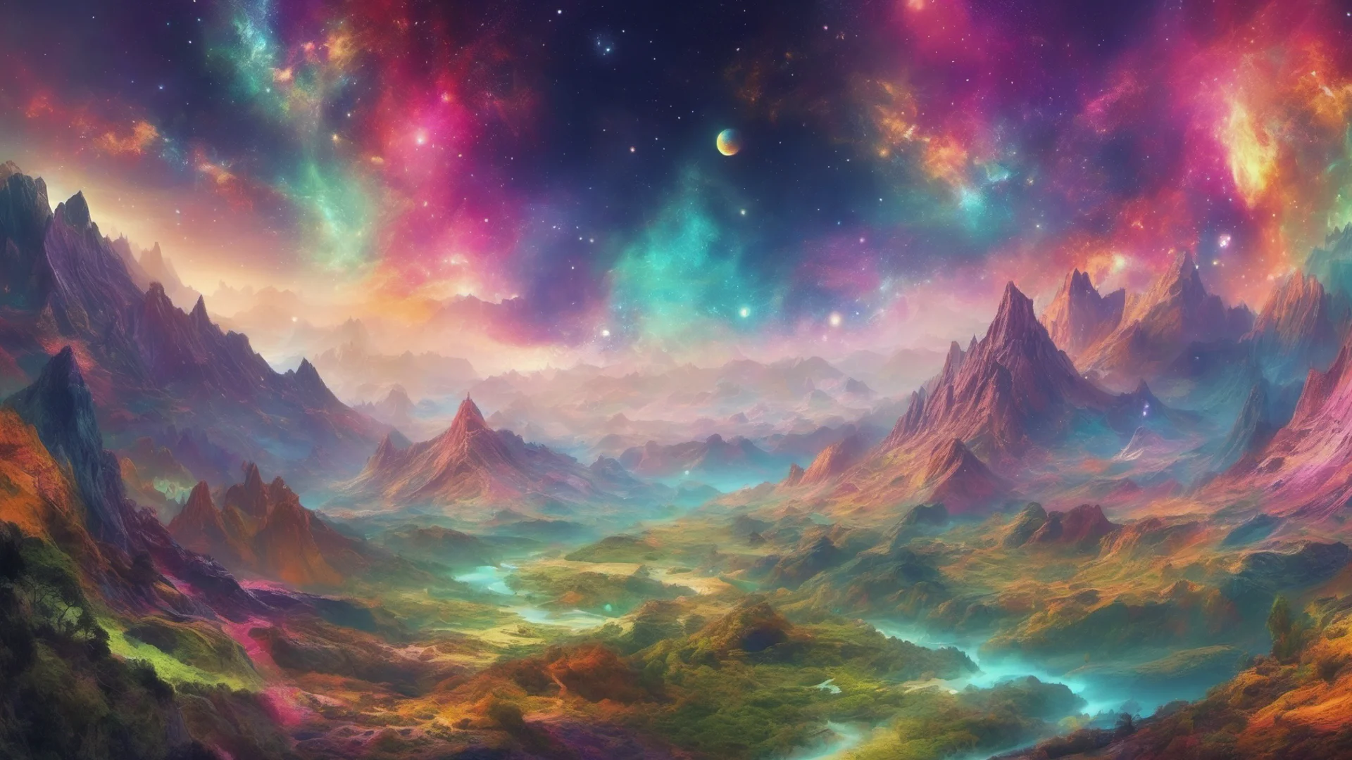 hills valleys colorful fantasy universes galaxy visible wide