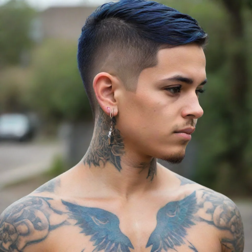 aihispanic boy%2C tattoos%2C earrings on lobes%2C short hair with blue mesh%2C half torso