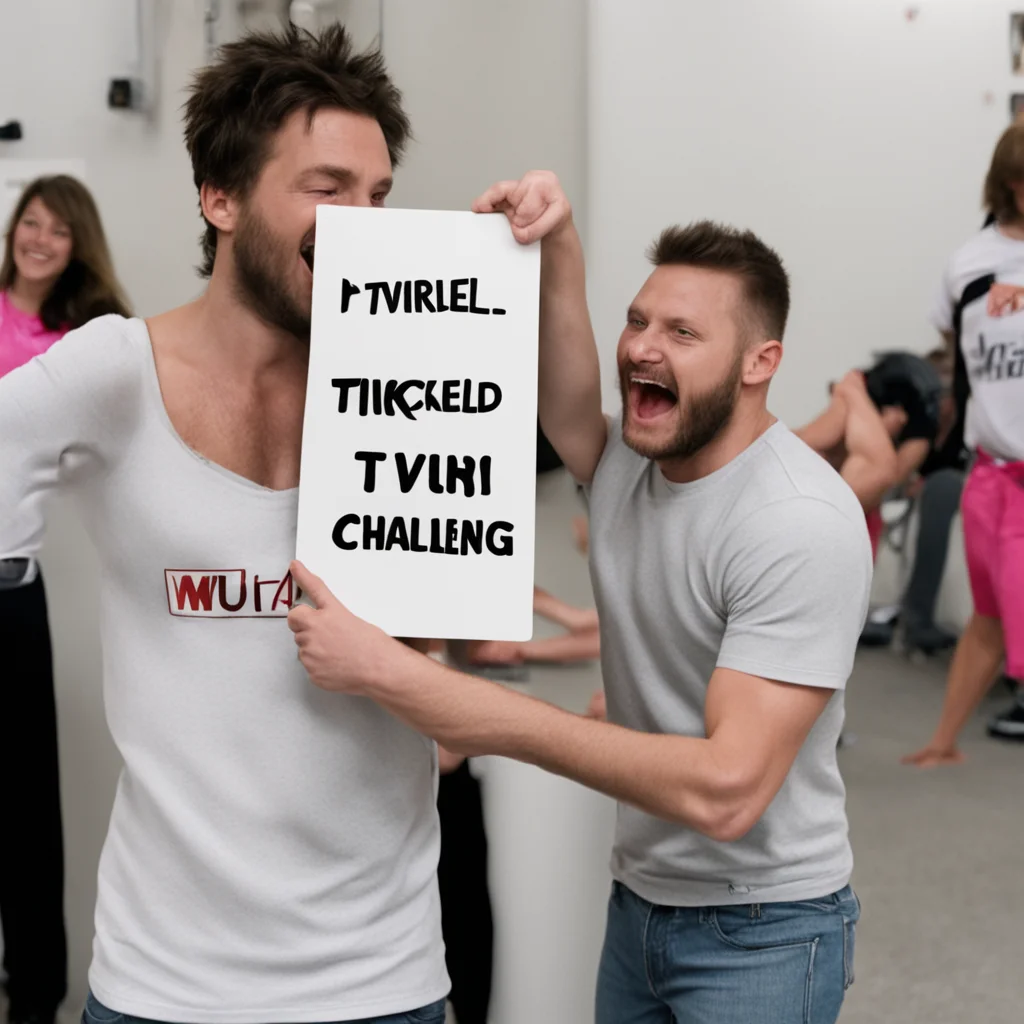 aiholding up a sign while being tickled challenge