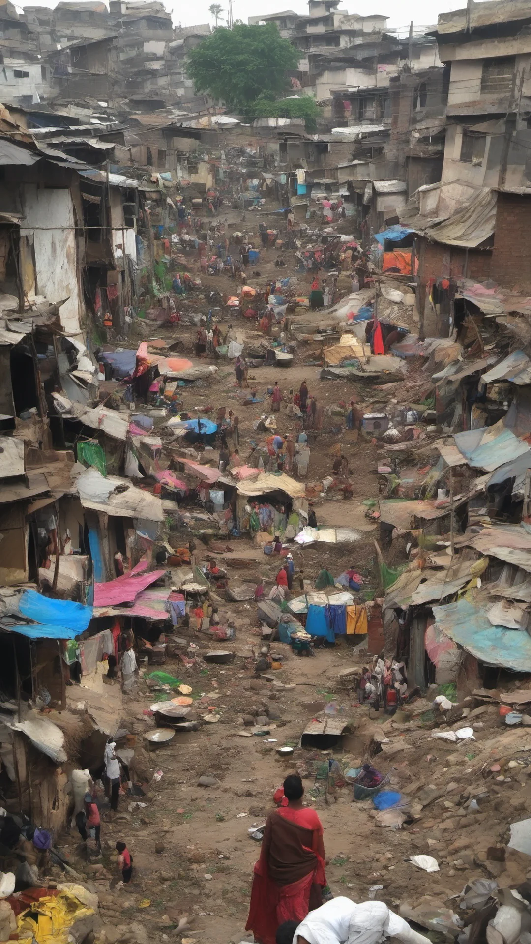home slums dheli people all around chaos muck poor community colorful tall