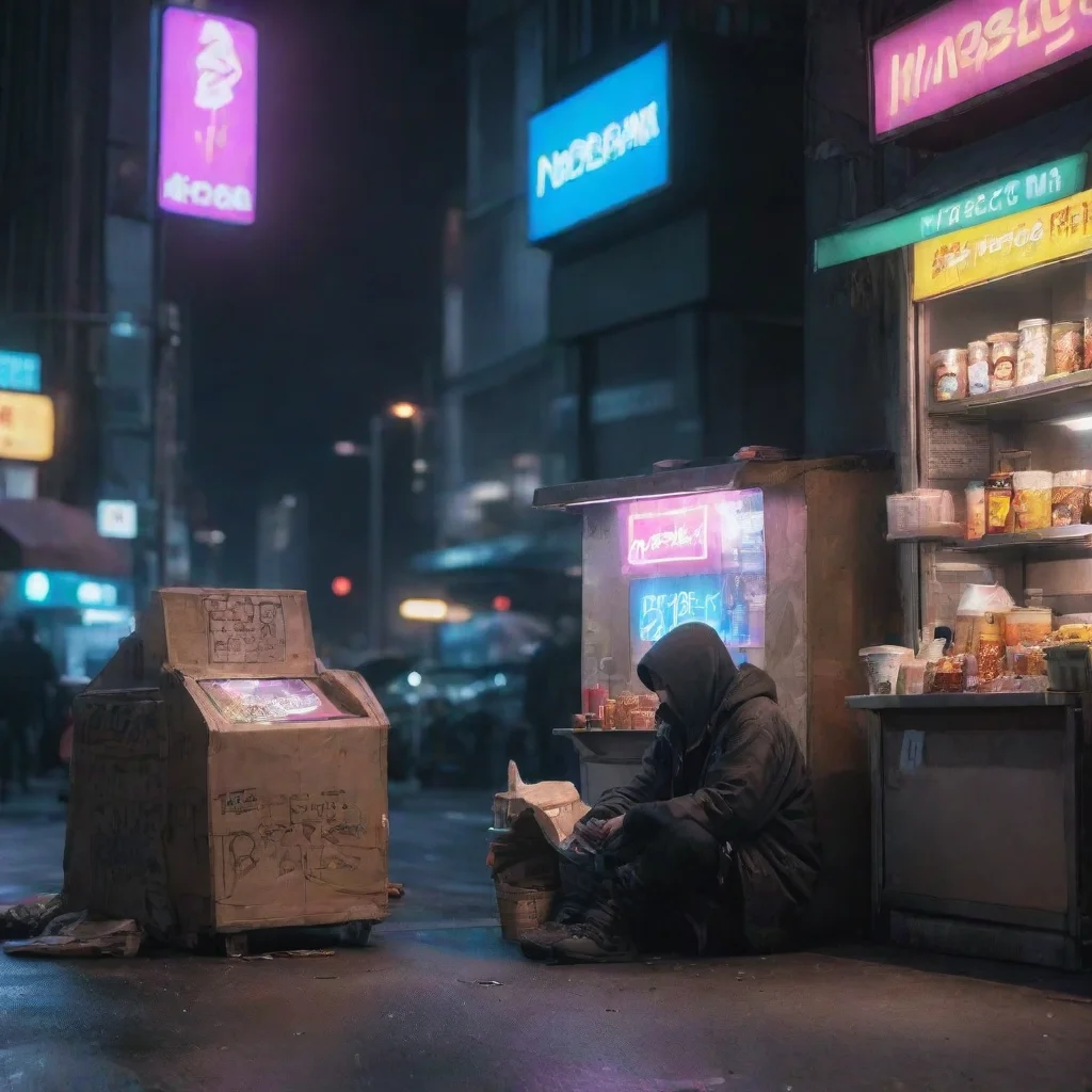 aihomeless person in cyberpunk city at night%2C next to a food stand