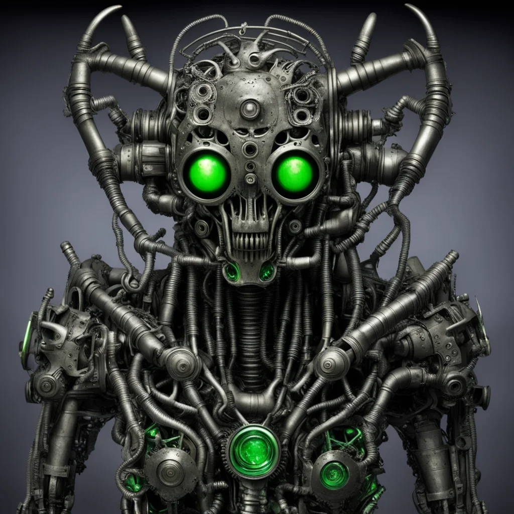 aihorrifying giger bio mechanical monster robots made with gears steampunk with glowing green eyes amazing awesome portrait 2