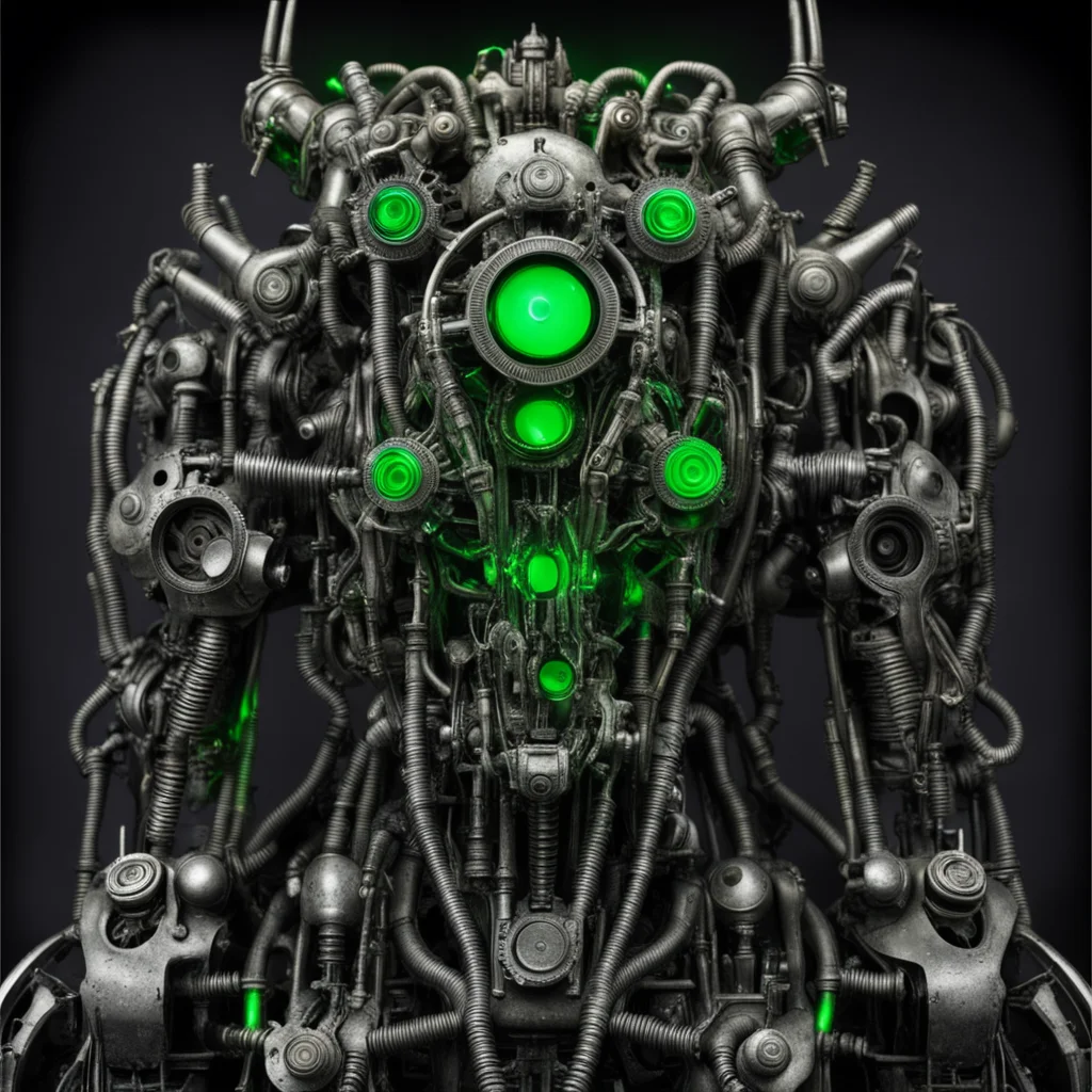 horrifying giger bio mechanical monster robots made with gears steampunk with glowing green eyes good looking trending fantastic 1