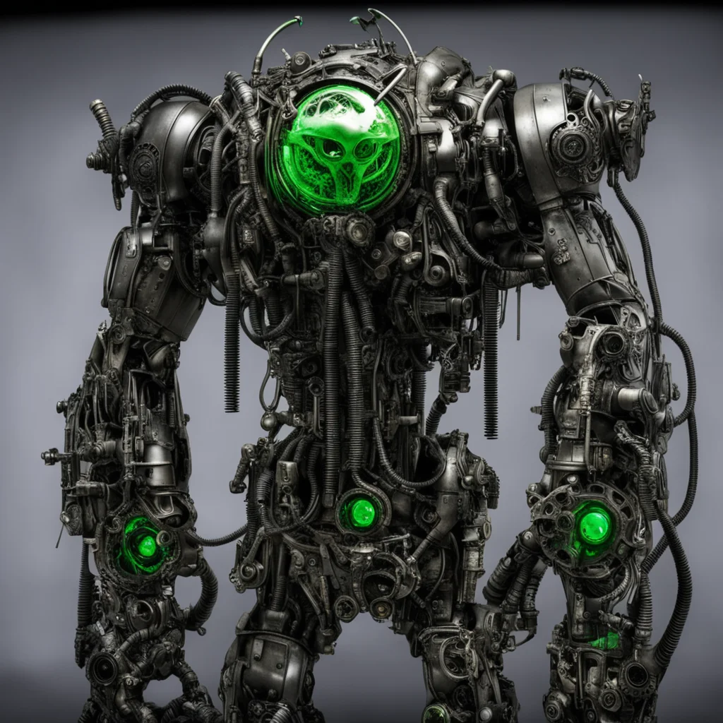 aihorrifying giger bio mechanical monster robots made with gears steampunk with glowing green eyes