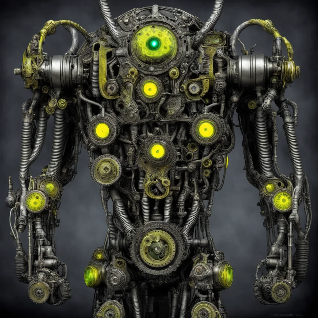aihorrifying giger bio mechanical monster robots made with gears steampunk with glowing yellow green eyes confident engaging wow artstation art 3