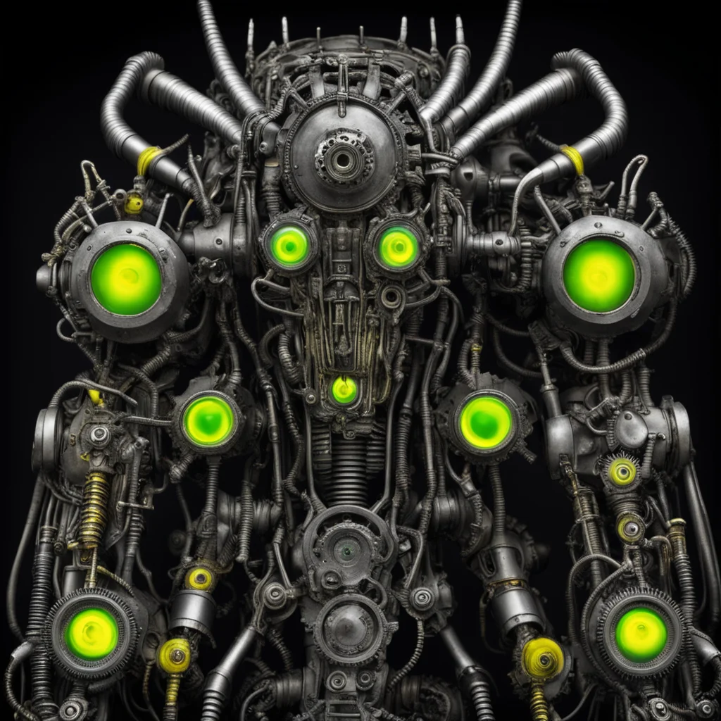 aihorrifying giger bio mechanical monster robots made with gears steampunk with glowing yellow green eyes