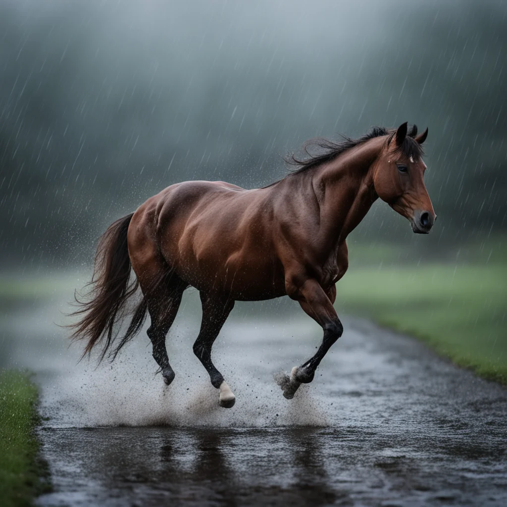 horse running in rainy evening 