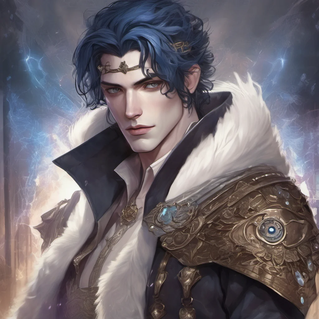 hot science fantasy king with pale skin%2C dark blue hair%2C garnet eyes