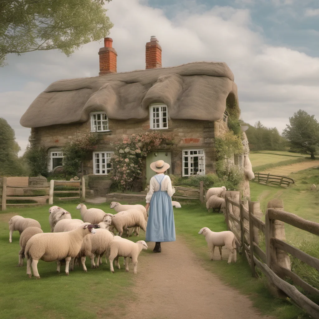 aihouse cottage with sheep and pretty farmer in dress amazing awesome portrait 2