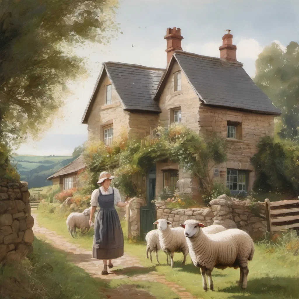 house cottage with sheep and pretty farmer in dress good looking trending fantastic 1