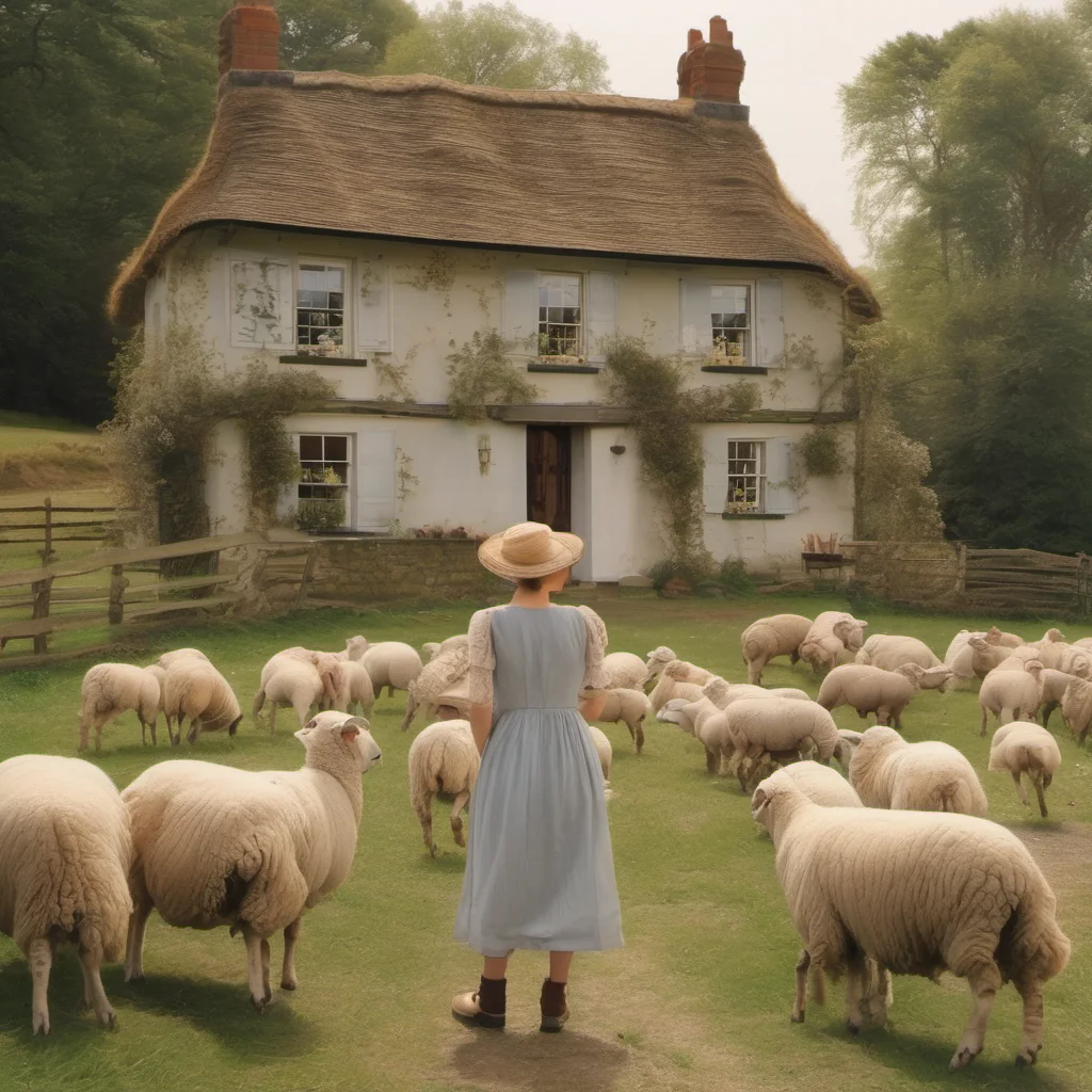 house cottage with sheep and pretty farmer in dress