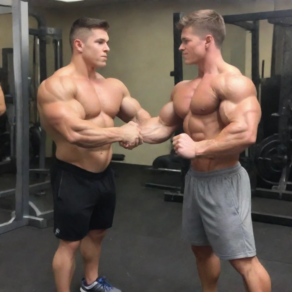 aihuge young muscular kid flexing his muscles for his older gym friend to feel
