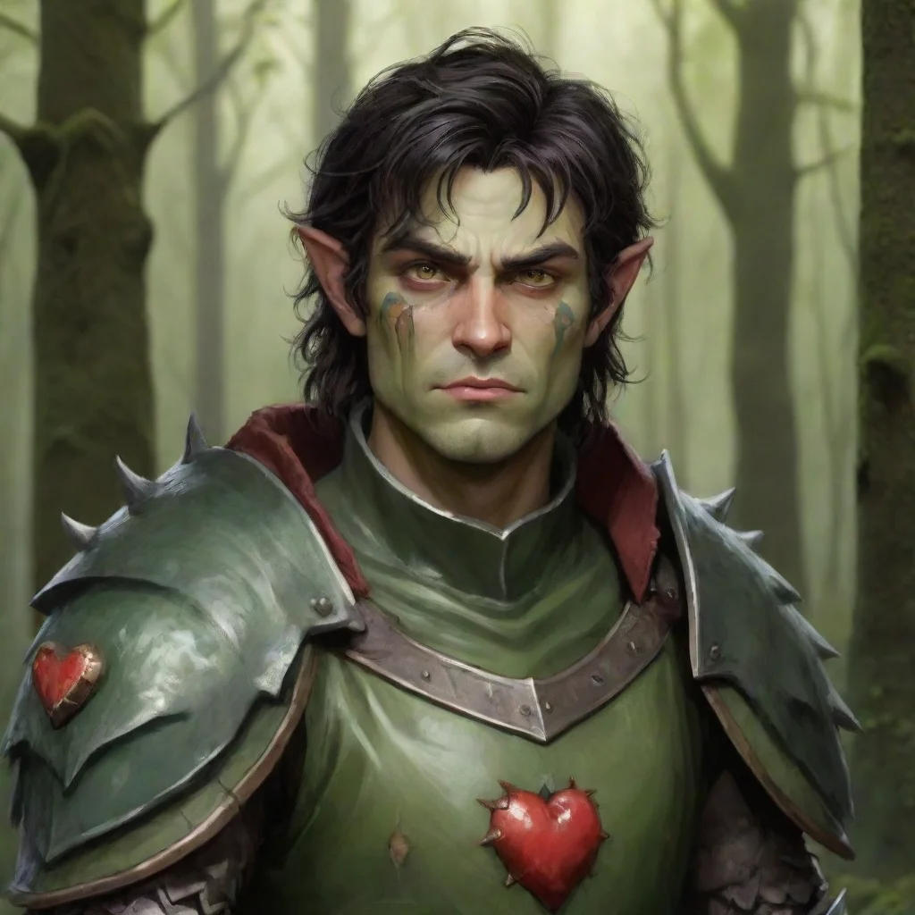 aihuman gobling%2C with slightly green skin%2C dark hair%2C hazel eyes%2C sharp jawline%2C heart shaped face. dressed in a forrest inspired armor