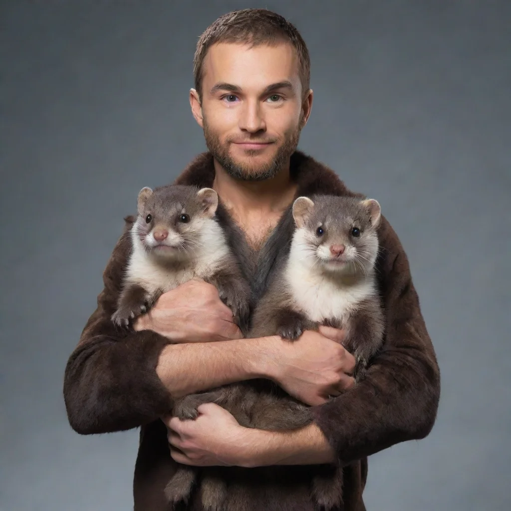 aihuman male being held by a pair of anthro minks