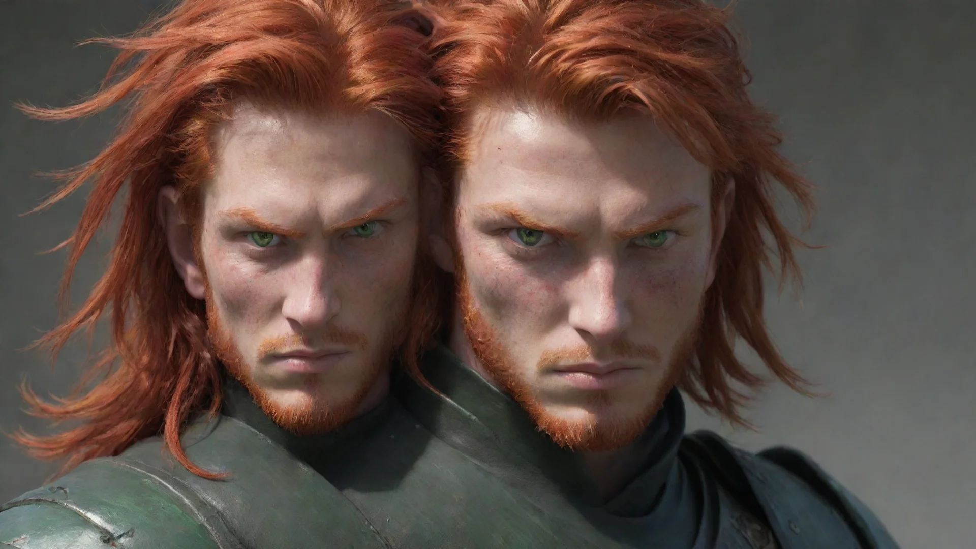 aihuman male fighter%2C green eyes%2C  red head hair%2C wearing armor%2C eye scar wide