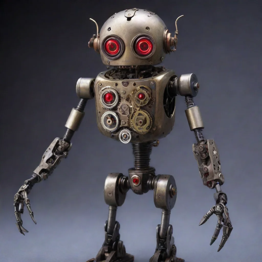 aihumanoid cyclops robot made of antique intrincated mechanical wrist watch movement mechanism parts with mechanical arms%2C mechanical legs%2C red glowing eye