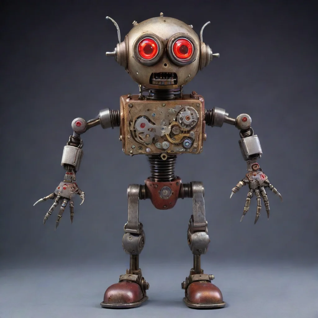 aihumanoid robot made of antique intrincated mechanical wrist watch movement mechanism parts with mechanical arms%2C mechanical legs%2C cyclops robot head%2C red cyclops glowing eye