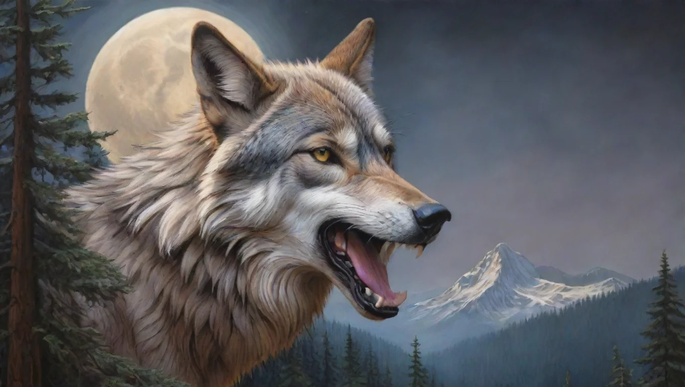 aihyper realist %22wolf head%22%2C a moon in the background with the image of a howling wolf%2C beautiful mountain and forest in the background.be tall cedar treesstork widescreen