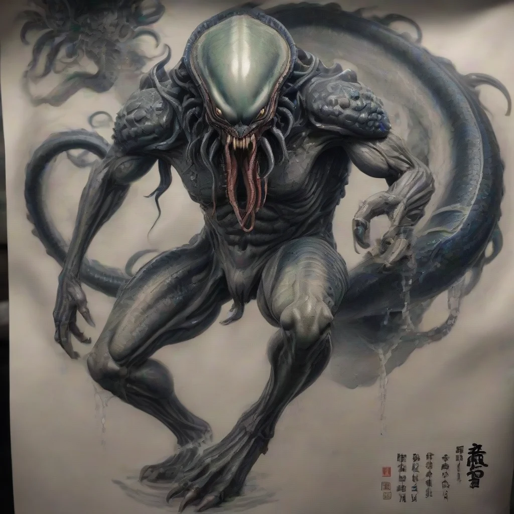 hyper realistic epic cthulhu monster xenomorph pelvic floor muscular wet slithery with hokusai tattoos character art zbr