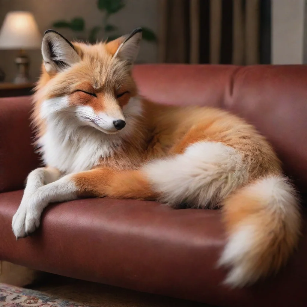 aihyper realistic red arctic fox  anthro sitting on a couch petting a human thats fallen asleep in it%27s lap