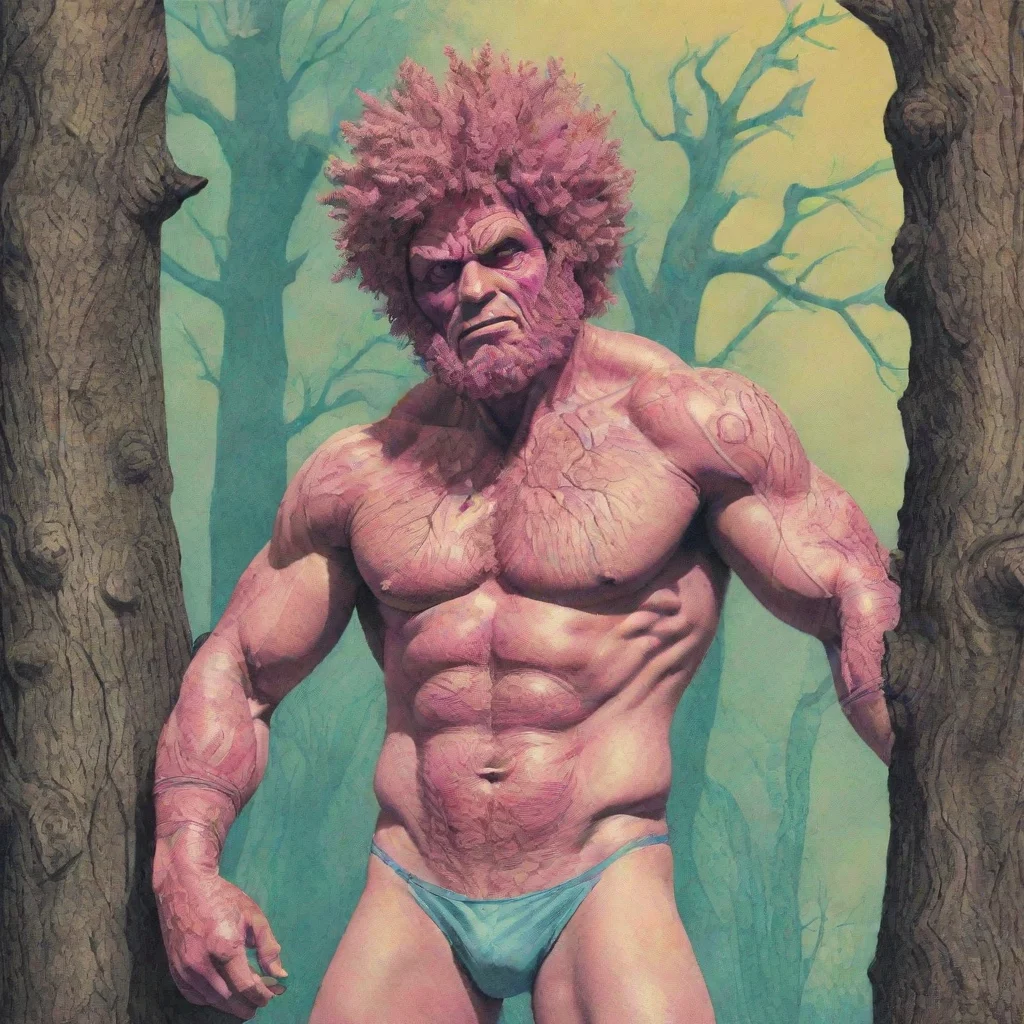 hyper realistic tree man pro wrestler with textures in the style of a risograph and surreal and 1970s illustration