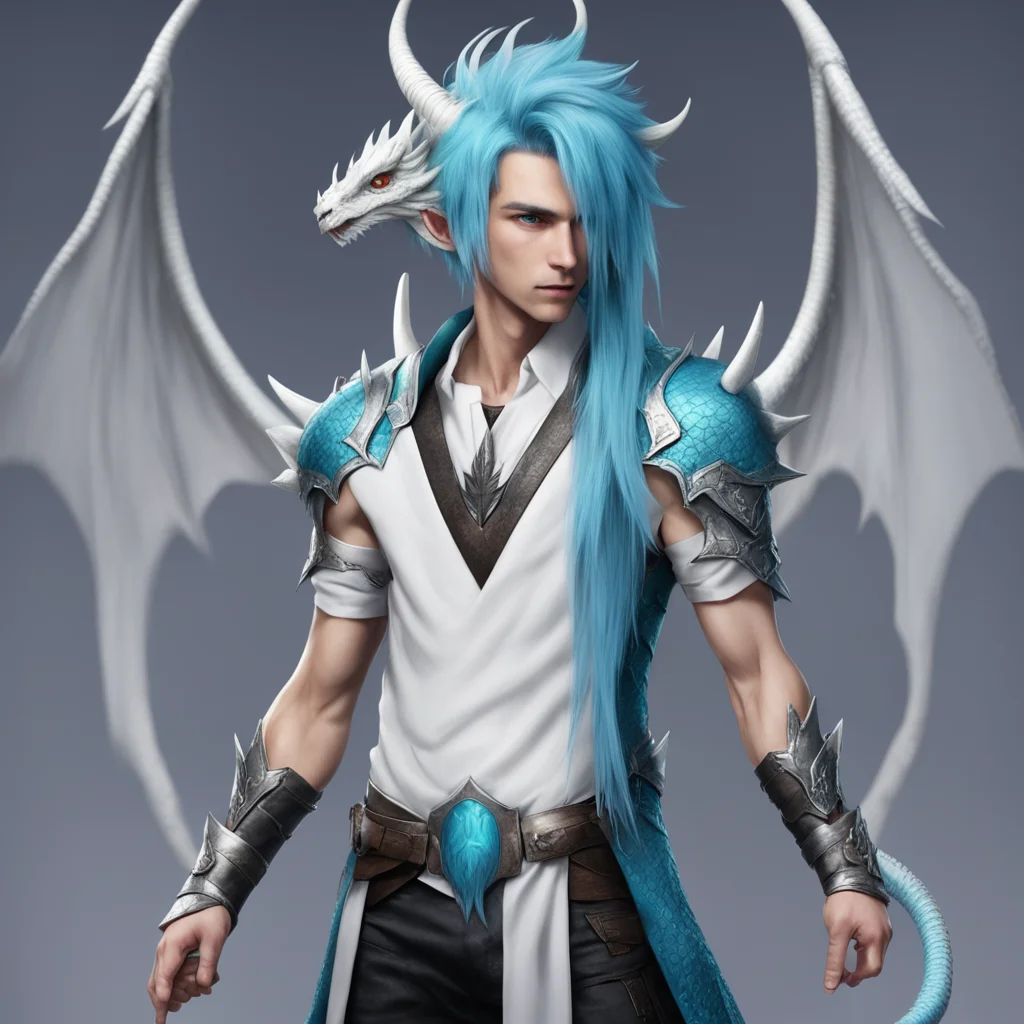 aii tall male with light blue hair and white hair and has dragon wings horns and a tail confident engaging wow artstation art 3