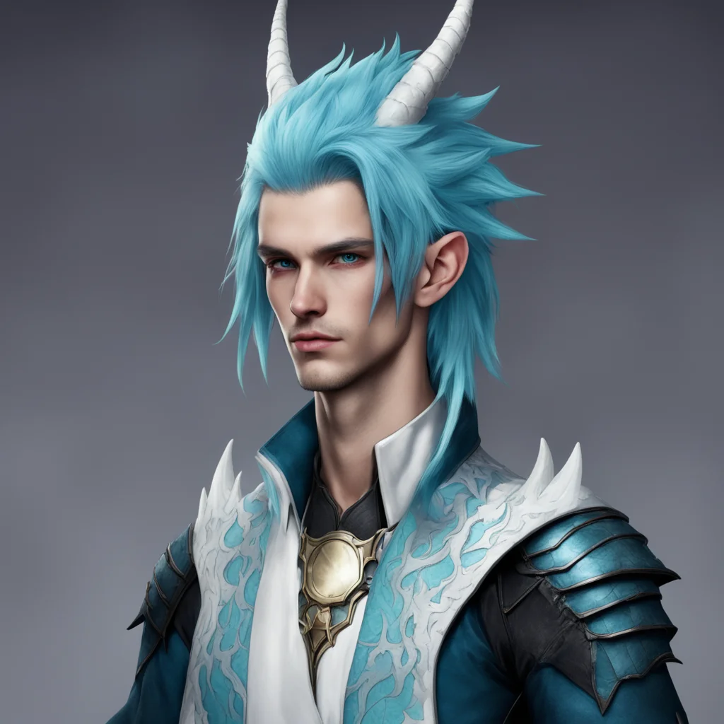 aii tall male with light blue hair and white hair and has dragon wings horns and a tail good looking trending fantastic 1