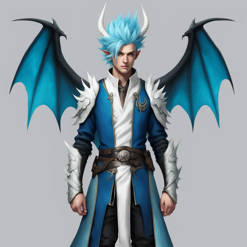 aii tall male with light blue hair and white hair and has dragon wings horns and a tail