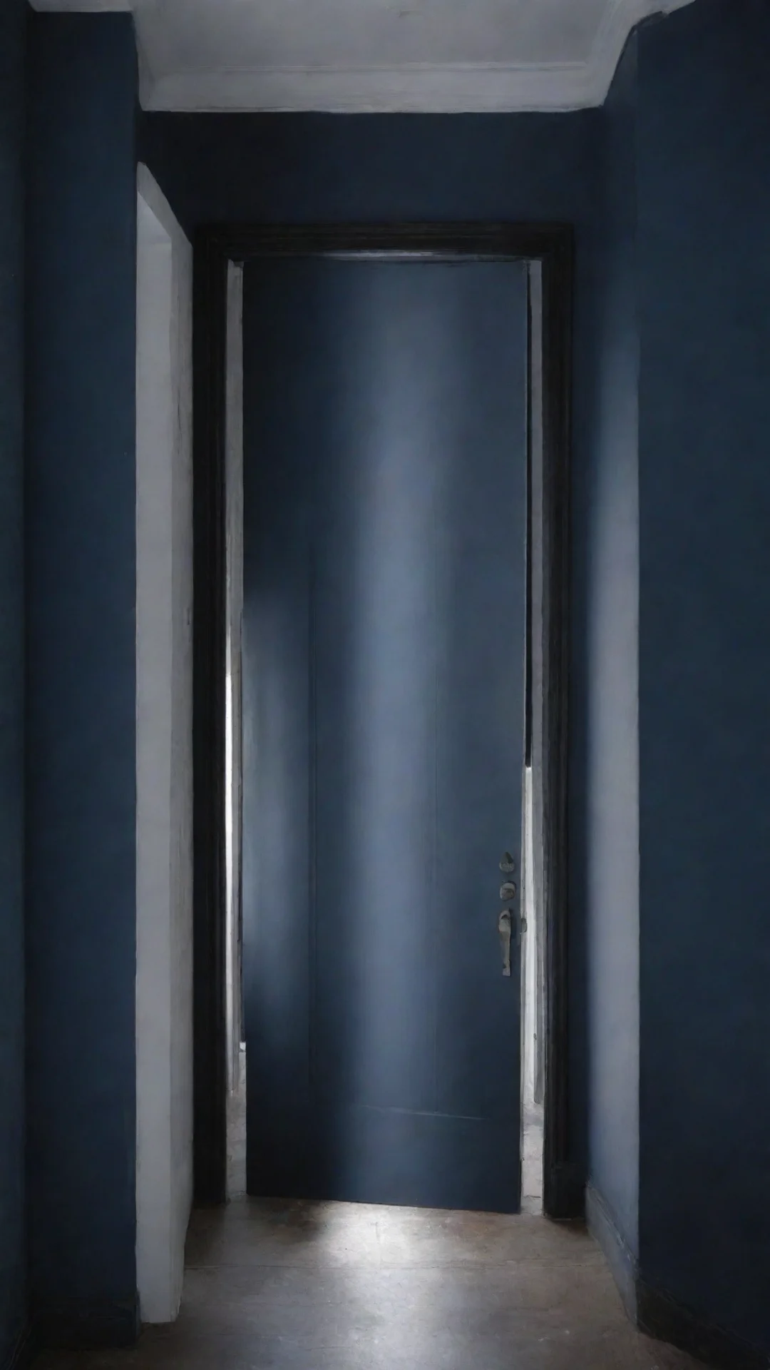 aii want a dark blue room%2C with multiple black doors%2C and one that is white which is slightly open and gives a glimpse into heaven tall