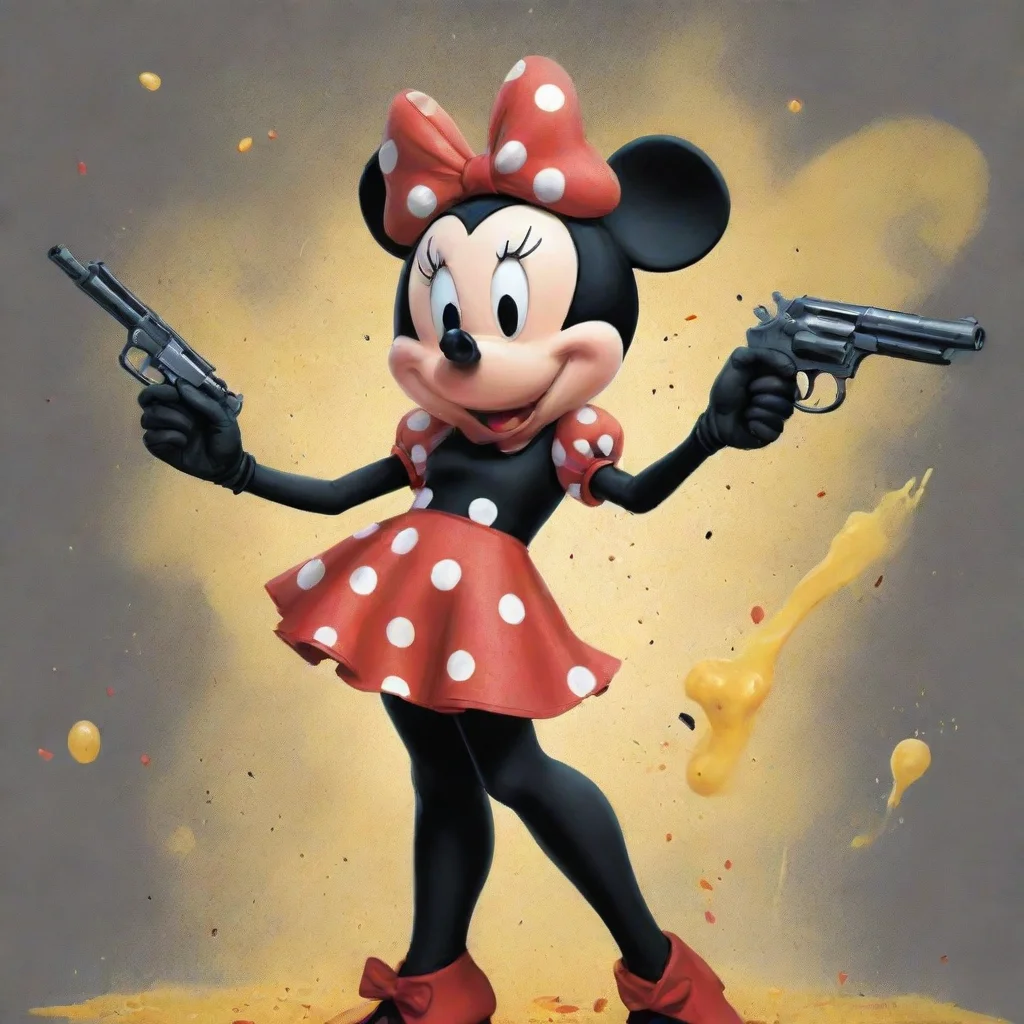 illustration minnie mouse from disney with black gloves and gun and mayonnaise splattered everywhere