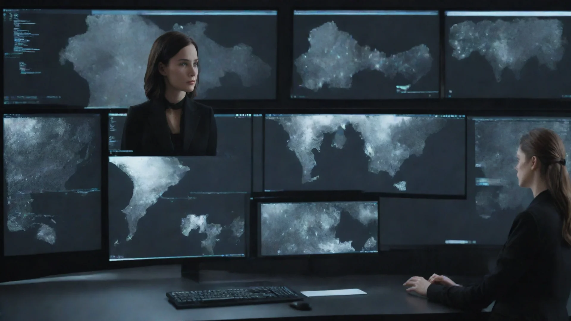 image of a multi screen desktop with ai hollowgram images being operated by an lady agent in  a black suit wide