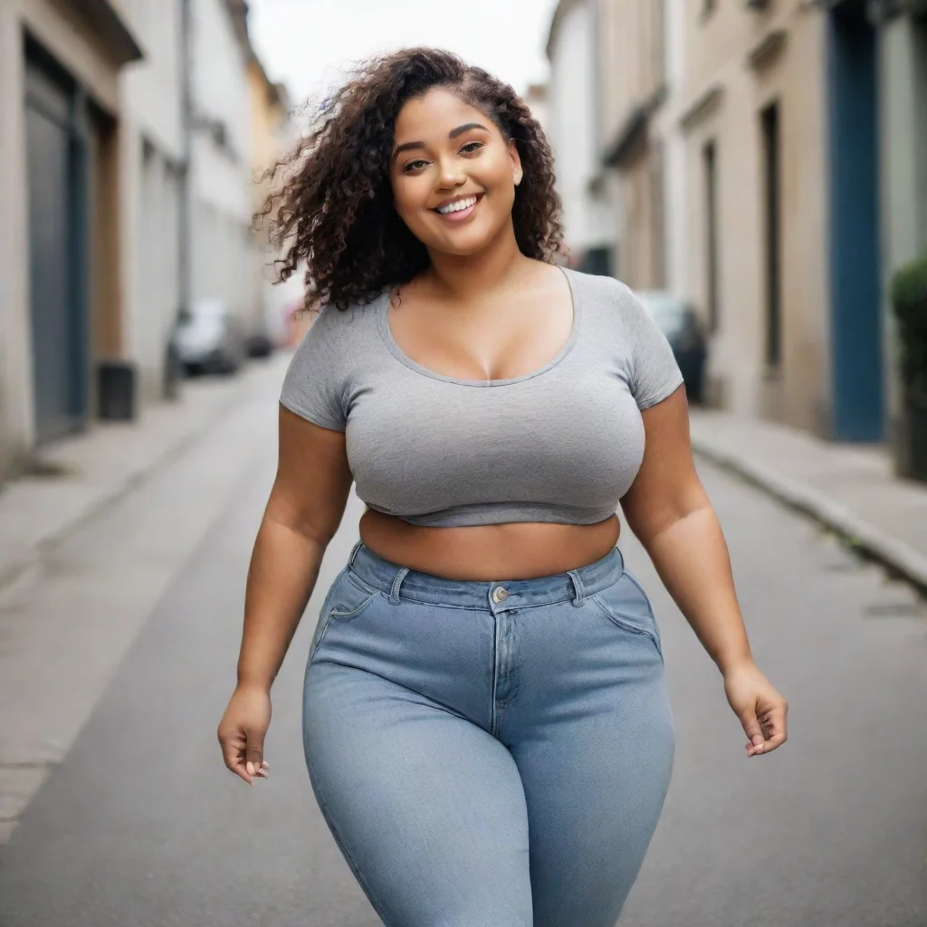 aiimage of curvy female model walking in the street%2C with a sporty style%2C smiling%2C cinematic