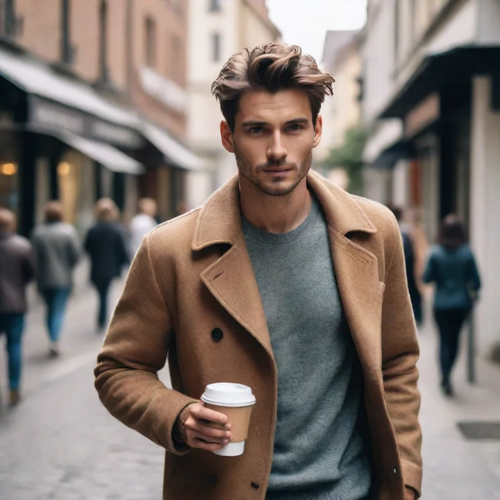 aiimage of male model walking in the street%2C with a street style%2C cinematic holding a coffee